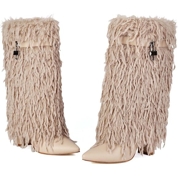 ⚡Women's Apricot Fold Over Faux Fur Mid Calf Boots Chunky Heel Point Toe - Picture 7 of 7